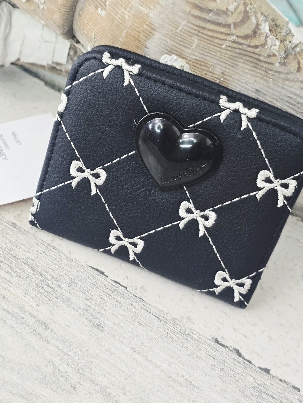 Betsey Johnson Black Quilted Bow Wallet with Glossy Heart Logo